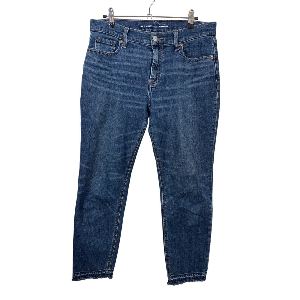 Old Navy Boyfriend Jeans Womens 4 Blue Mid Rise Dark Wash Raw Hem Stretch
